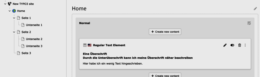 Auf dem Bild ist zu sehen, dass unter Seite 1 eine, unter Seite 2 zwei Unterseiten erstellt wurden.