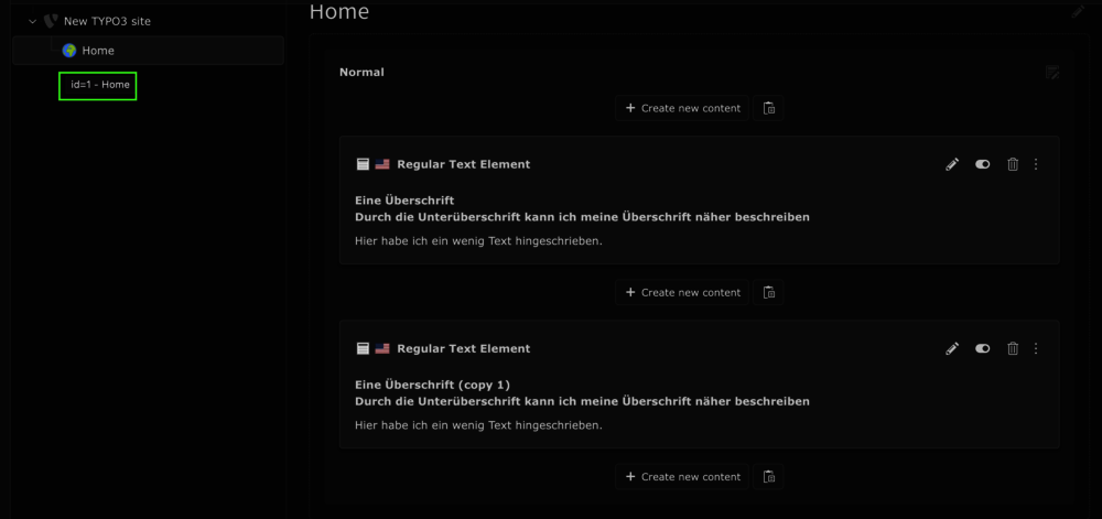 Hier sehen wir, dass unsere Seiten-ID die Nummer 1 hat