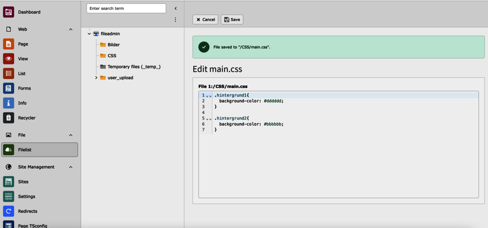 Die CSS-Datei kann auch direkt im Fileadmin angelegt und bearbeitet werden.