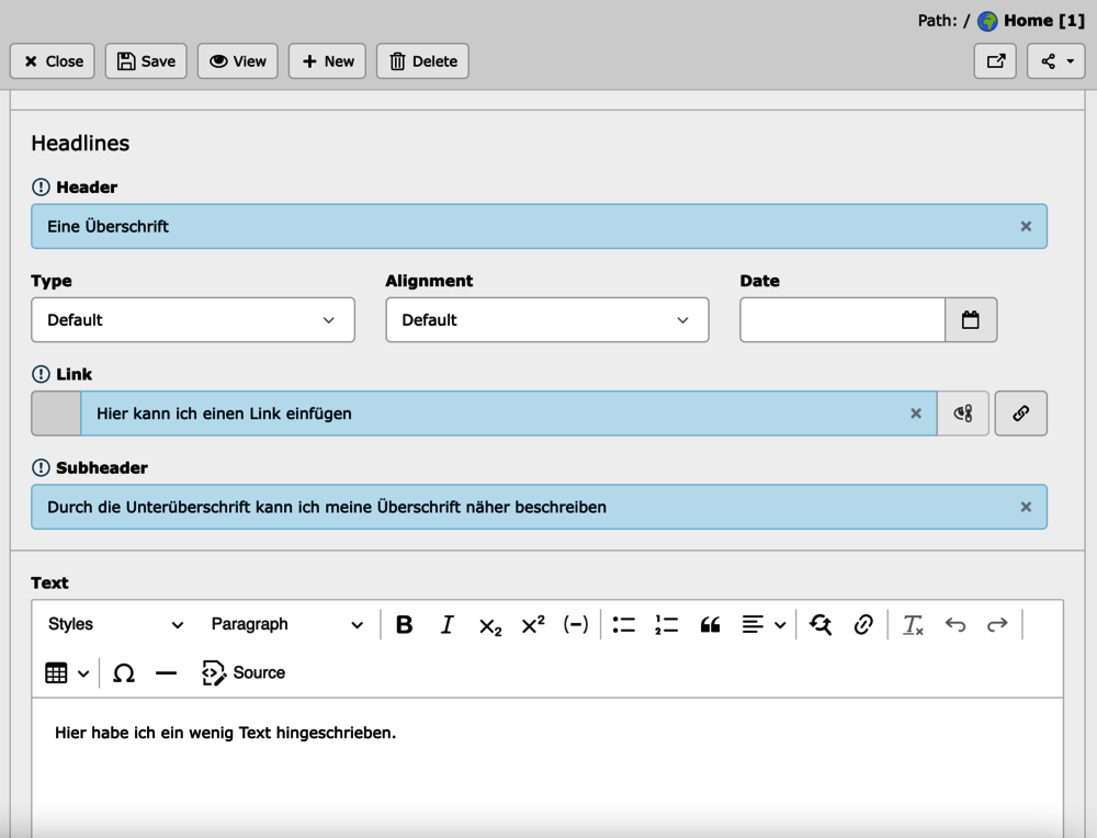 Nun befüllen wir alle für uns relevanten Felder im Backend-Textelement